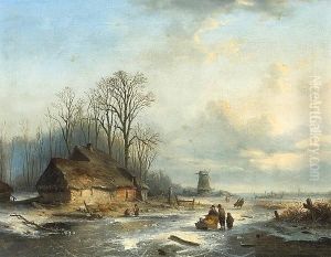 Figures On A Frozen Canal With A Windmill In The Distance by Louis Smets