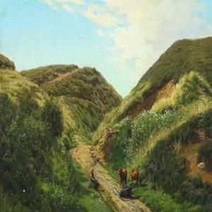 Hilly Landscape With A Boy And His Cows In The Heath