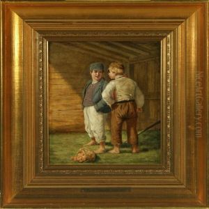 Two Barefoot Boys By A Basket Of Fruit
