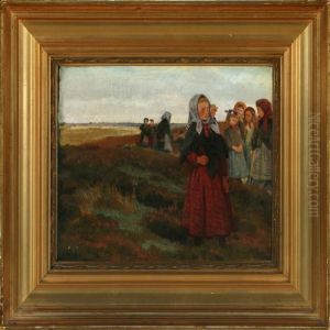 Heathscape With Girls Ontheir Way To School