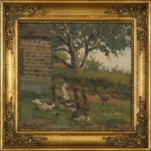 Geese Lying In The Grassby A Farm House