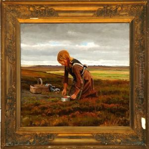 Little Girl Is Pickingberries On The Danish Moor