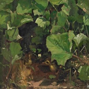 Two Ducklings Chasing Abutterfly