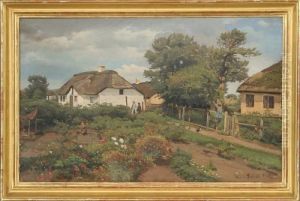 A Summer Scenery With Children 
In The Vegetable Gardens. Signed Hans Smidth And On The Back Dated 1903