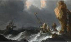 A Shipwreck In A Heavy Storm Along A Rocky Coast