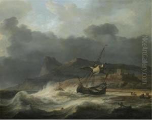A Mountainous Coastal Landscape 
With A Ship Beached In A Storm, Figures Gathering Cargo To The Right