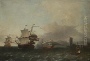 Dutch And English Shipping Off A
 Mediterranean Coast, With A Man-o'-war Firing A Salute To A State Barge