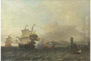 A Naval Engagement Off The Coast Of A Harbour Town