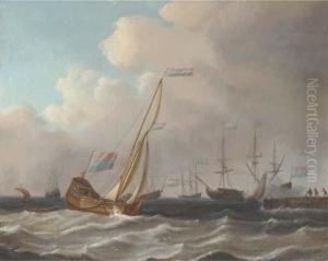 A Dutch Admiralty Yacht Running Into Port With A Warship Salutingoff A Quay