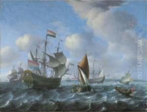 A Man-o'-war, Possibly Het Wapen
 Van Utrecht, A Wijdschip And A Spiegelsloep In A Stiff Breeze
