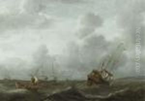 A Frigate And Other Shipping In A Stiff Breeze by Aernout Smit