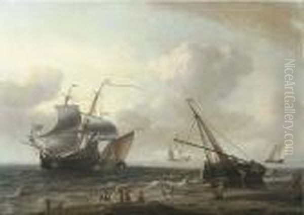 Sailing Ships Off The Coast With
A Two-master Making Way, Fishermenon The Beach In The Foreground - view 1