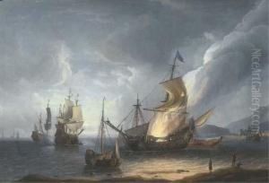 A Coastal Nocturne With A Ship Ablaze On The Shore