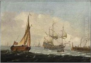 A Merchantman, A Wijdschip, And A Rowing Boat In A Breeze Near A Quay