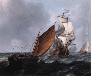A Wijdschip Running Before The Wind While A Merchantman Fires Asalute, In A Stiff Breeze