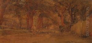 Shepherd And Flock On A Woodland Road by Arthur Reginald Smith