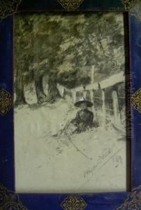 Lady By A Fence In A Landscape