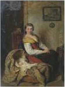 Interior Scene With Mother And Baby by George Smith