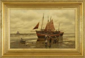 Beached Fishing Vessel With Figures by Henry Pember Smith