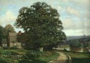 Landscape Of A House Next To A Pond With Ducks Walking Down The Path by Henry Pember Smith