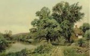 A Figure Fishing In A Quiet River Landscape by Henry Pember Smith