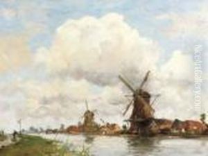 Aan De Rivier: Windmills Along A River On A Summer Day by Hobbe Smith