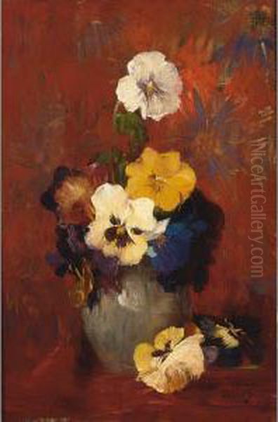 A Flower Still Life With Violets In A Stone Vase - view 1