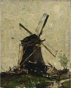 A Polderlandscape With A Windmill by Hobbe Smith