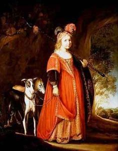 Portrait of a young girl as Diana in a glade with two greyhounds by Govert Teunisz. Flinck