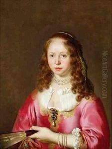 Portrait of a Girl in a Pink Dress Holding a Fan by Govert Teunisz. Flinck