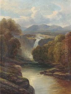 An Angler On A Riverbank; A Waterfall In A River Landscape