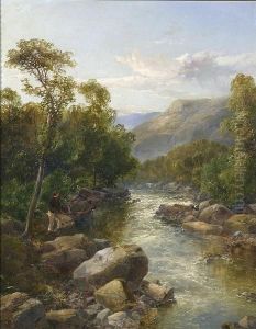River Landscape With Boy With Fishing Net