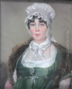Portrait, Half Length Of A Lady In A Green Dress And Mink Coat And Lace Bonnet