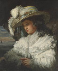 Portrait Of A Lady, Half-length, In A White Dress And Plumed Hat, Aseascape Beyond