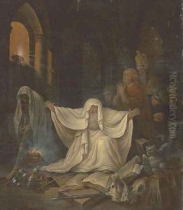 A gothic interior with a necromancer