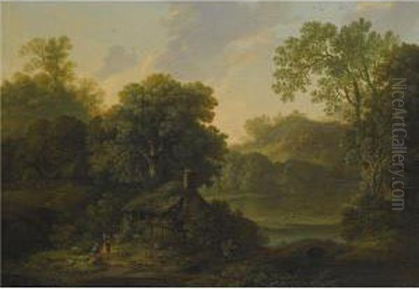 A Wooded Landscape With A Cottage And Figures By A Path - view 1