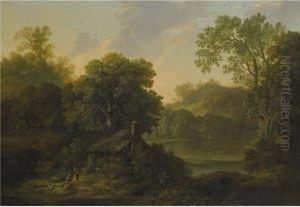 A Wooded Landscape With A Cottage And Figures By A Path by George, of Chichester Smith