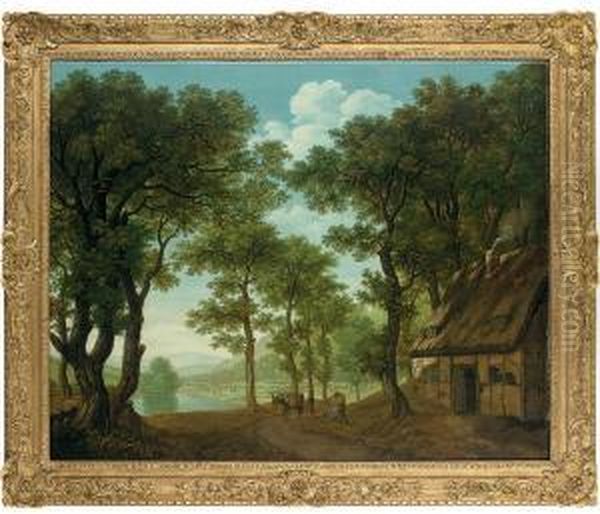 A Wooded River Landscape,
Thought To Be On The Wye, A Traveller And His Mule By A Cottage - view 1