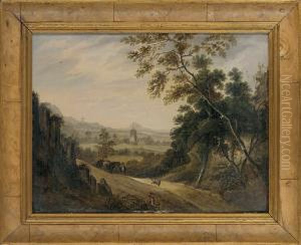 A Wooded Landscape With Travellers On A Track, A Church Beyond - view 1