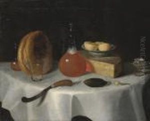 A Loaf Of Bread, A Flask Of Ale, A Wedge Of Cheese, A Knife And A Pickle On A Table