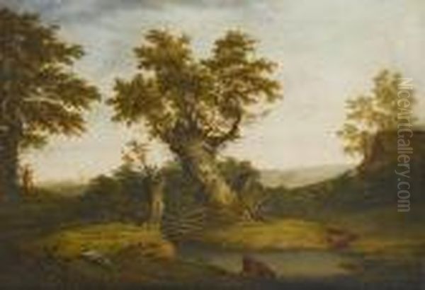 A Wooded River Landscape With Cattle Watering And Figures Resting On The Banks - view 1