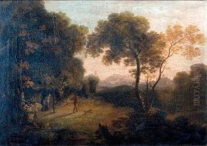 Wooded Landscape With Figures And Dog Outside A Cottage, A Town Visible In The Distance by George, of Chichester Smith