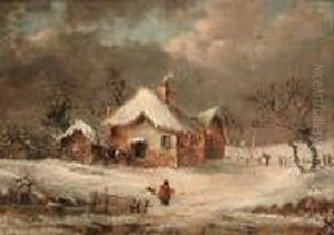 A Winter Landscape; A House Ablaze At Night