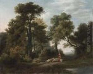 A Wooded Landscape With Shepherd And Flock by George, of Chichester Smith