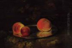 Peaches And A Plum On A Silver Dish
