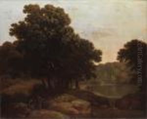 A Wooded Lake Landscape With Figures, A Cottage Beyond by George, of Chichester Smith