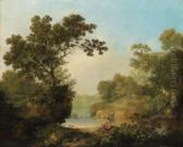 A Wooded River Landscape With Figures, A Cottage Beyond - view 1