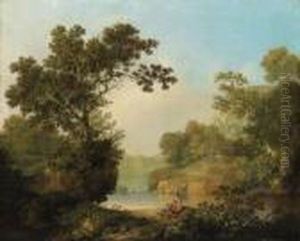 A Wooded River Landscape With Figures, A Cottage Beyond