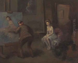 Peinture peignant jeune femme en blanc by Jean-Louis Forain