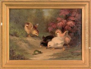 Scene Of Four Chicks Chasing A Caterpillar by Xanthus Russell Smith
